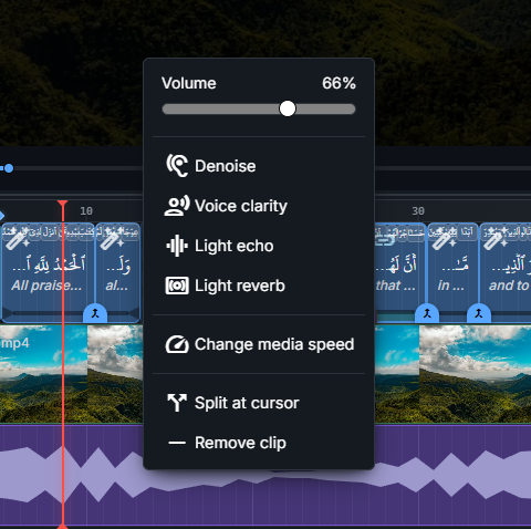Right-click menu of a clip showing volume, audio effects, and other actions