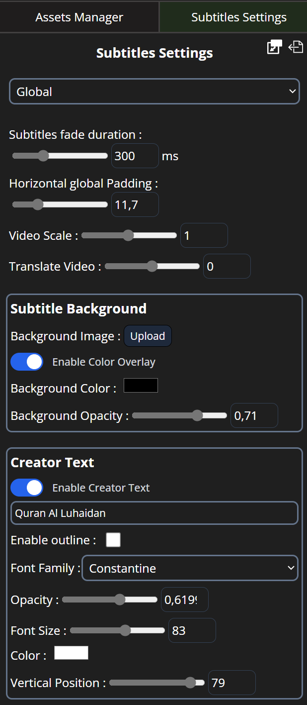 Subtitles Settings Tab