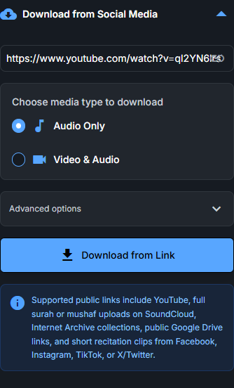 Download from link section with a URL field and download options