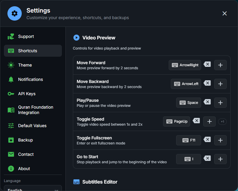 Settings window showing the settings panels