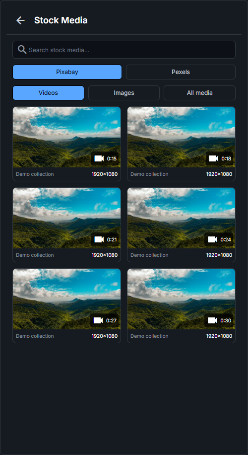 Stock media library showing search results from Pexels and Pixabay