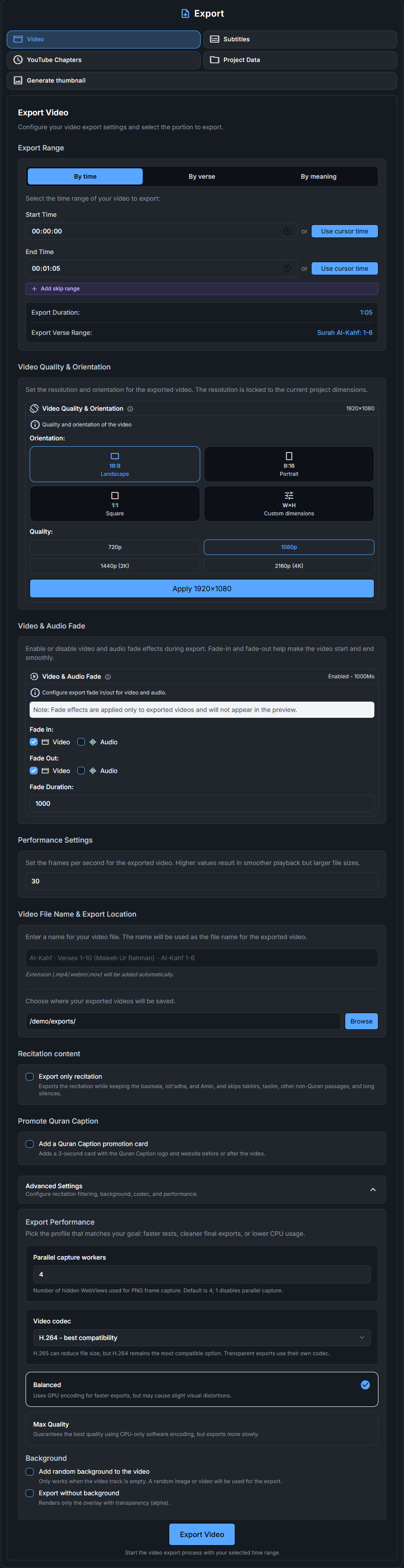 Video export settings with range, quality, and advanced options